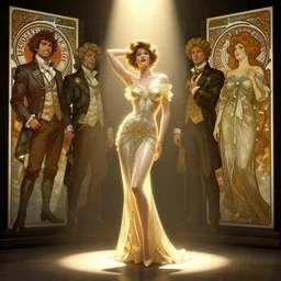 digital concept art by artgerm, tooth wu, bierstadt, gurney, stalenhag and alphonse mucha. just one lonely namilia attctive showgirl!! full body!! contour light effect!! 8 k, stage light. octane render. sharp edge. ultra clear detailed