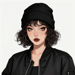 illustration of a mixed woman with a septum piercing, short curly hair, winged eyeliner, black beanie, black bomber jacket, goth aesthetic, trending on artstation