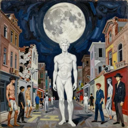 decollage painting old white - headed man under the huge moon on a street of ruined city by adrian ghenie and takato yamamoto and austin osman spare and edward hopper and mark ryden and tsutomu nihei, very coherent, baroque elements, perfect anatomy, intricate design. pop art. masterpiece, oil on canvas.