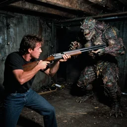 color video footage of the monster hunting in dark basement, a man holding shotgun, midnight, 2 0 0 0's