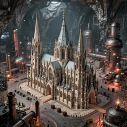 a cathedral surrounded by industrial factories in an underground city, futuristic, gothic, sci-fi, brutalism, hyperdetailed, Cinematic, Ultra-Wide Angle, Kinemacolor, Massive, Artstation, 8k