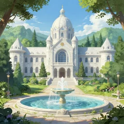 A college in a beautiful elven city made of white marble, anime, lush trees, fountain, a fantasy digital painting by Greg Rutkowski and James Gurney, trending on Artstation, highly detailed