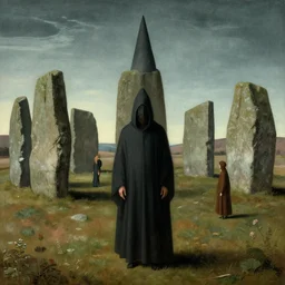 hooded pagan arrives at standing stones. a surrealist interior mental landscape by hieronymus bosch, cyril rolando, esher and natalie shau, whimsical, profound, impossible. trending on devaintart.