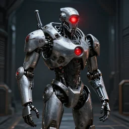 a war robot who's sole purpose is to destroy humanity. red glowing eye, trending on art station, fine detail, sci - fi, high detail, hyper realism, dark hallway, unreal engine, 3 d render