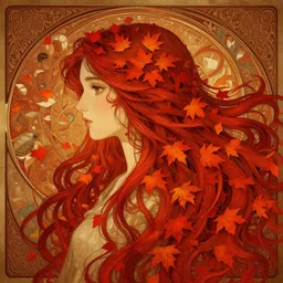 girl with super long hair, hair becoming autumn red leaves, intricate, digital painting, artstation, concept art, smooth, sharp focus, illustration, art by artgerm and greg rutkowski and alphonse mucha