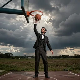 Abraham Lincoln dunking a basketball, color DSLR photo
