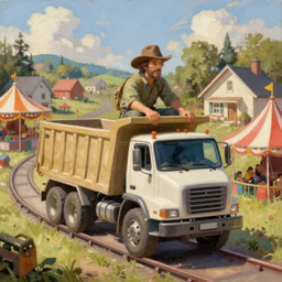 classic oil painting, a dump truck riding on a roller coaster, as a dnd character, in a sunny suburban carnival, cottagecore, highly detailed, digital illustration, concept art, smooth, sharp focus, art by greg hildebrandt, and tim hildebrandt