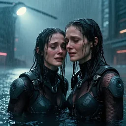cinestill 5 0 d candid photographic portrait by stanley kubrick of two loving female androids sobbing wearing rugged black mesh techwear in treacherous waters, flooded city, medium closeup, retrofuturism cyberpunk moody emotional cinematic, pouring iridescent rain bright spotlight helicopter, 8 k, hd, high resolution, 3 5 mm, f / 3 2, ultra realistic faces, ex machina
