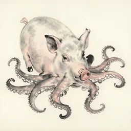 a pig - octopus, calligraphy, ink on japanese rice paper