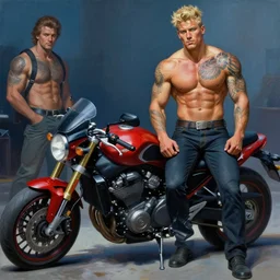 handsome tattooed blonde gym bro next to a motorcycle, cool colors, hard angles, painting by gaston bussiere, craig mullins, j. c. leyendecker, tom of finland