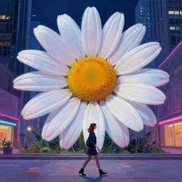 giant daisy flower head, woman walking in a modern city, surreal photography, night, neon light, impressionist painting, digital painting, artstation, simon stalenhag