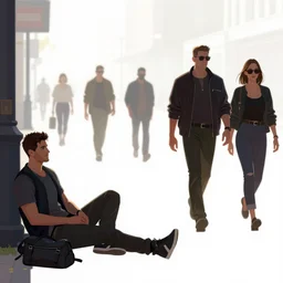 cyberpunk people relaxing and walking in the streets, white background, concept art, eddie mendoza, craig mullins