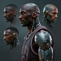 a rugged michael jordan with cybernetic enhancements, scifi character portrait by greg rutkowski, esuthio, craig mullins, 2 / 4 headshot, cinematic lighting, dystopian scifi gear, gloomy, profile picture, mechanical, half robot, implants, steampunk