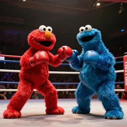 scared elmo boxing cookie monster, muay thai match, 4 k, realistic, film still from the movie, wide lens