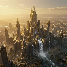 aerial view, golden hour, at the dawn of time, golden lighting, nightmare, in a symbolic and meaningful style, dark fantasy city, waterfall, warhammer style, highly detailed, digital painting, trending on artstation, gradient silver to gold, concept art, sharp focus, illustration, octane render, high detailed, art by artgerm and greg rutkowski and magali villeneuve