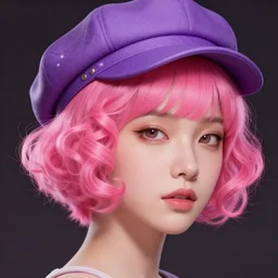 portrait of chinese girl with bright pink hair, curly pixie cut hair, wearing a purple cap, breton cap, intricate, elegant, glowing lights, highly detailed, digital painting, artstation, concept art, smooth, sharp focus, illustration, art by wlop, mars ravelo and greg rutkowski