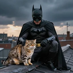 Batman petting his Pallas cat on a rooftop, by Christopher Nolan