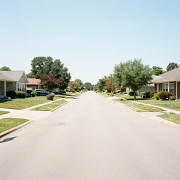 Grainy photograph of a liminal middle class American suburb, clean, empty street, broad daylight, noisy filter, flat lighting