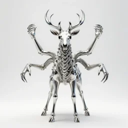 stylized shiny polished silver statue full body extra limbs bizarre cosmic horror quadruped animal deer skull four legs made of marble of slug creature tendrils, perfect symmetrical body, perfect symmetrical face, hyper realistic, hyper detailed, by johannen voss, by michelangelo, octane render, blender, 8 k, displayed in pure white studio room