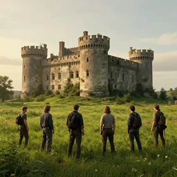 8 k film still, panorama view of a castle in the middle of a green field hyperdetailed digital matte painting by greg rurtowski and dylan cole, derelict, overgrown, golden hour.