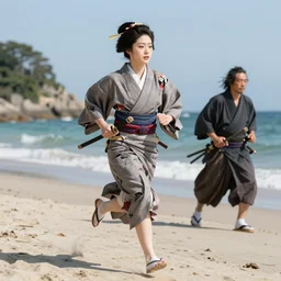 Beautiful Japanese woman running from an old samurai on the beach Toshio Saeki, high detailed
