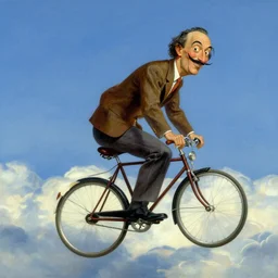 A whimsical painting of a happy man flying in the sky on his bicycle in the clouds, digital art by Salvador Dali and Ross Tran