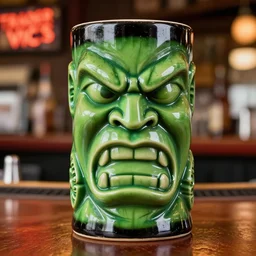 a closeup photorealistic photograph of a glossy angry hulk style tiki mug sitting at a trader vic's bar featuring hulk's face. tiki theme. green with black rim. bright scene. fine detail. this 4 k hd image is trending on artstation, featured on behance, well - rendered, extra crisp, features intricate detail, epic composition and the style of unreal engine.