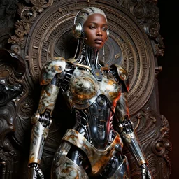 vibrant portrait of beautiful black onyx cyborg woman by sandra chevrier laurie greasley gustave dore ron english, cybernetics, low contrast, cinematic dramatic lighting, hyper realistic detailed intricate render, hypermaximalist, ornate, epic composition, 4 k 8 k, cryengine octane, sharp focus, concept art, masterpiece