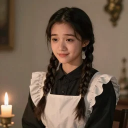 a (sadly) (((smiling)))) black haired, young hungarian servantmaid from the 19th century who looks very similar to ((=Lee Young Ae))) with a two french braids, detailed, soft focus, candle light, pastel, character concept art by Csók István,  John Everett Millais, Henry Meynell Rheam, Munkácsy, Csók István, and da Vinci