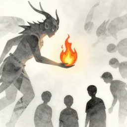 abstract illustration of a mythical being giving the gift of atomic fire to humans by satoshi kon, 4 k, dream - like