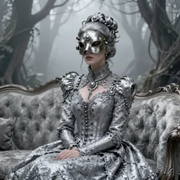 cinestill 5 0 d portrait of a beautiful woman by annie liebovitz, dress a steapunk mask sitting on a baroque chaise longue stand in an intricate dystopian misty wood, pale silver tonal matt, hair intricate style, dress are intricate gothic lace, elegant, highly detailed, soft foggy blur, artstation, sharp focus, head in focus,