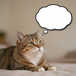 a cat dreaming. the dream is visible in a thinking bubble.