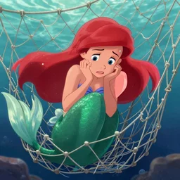 disney poster of the little mermaid ariel trapped in a fishing net, distressed, sad, 4 k, artstation