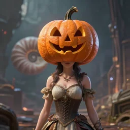 beautiful detailed fantasy woman wearing a dress and a pumpkin on her head, character portrait, pumpkin head, epic fantasy, 3d with depth of field, blurred background, female, nautilus. A highly detailed epic cinematic concept art CG render. made in Maya, Blender and Photoshop, octane render, excellent composition, cinematic dystopian brutalist atmosphere, dynamic dramatic cinematic lighting, aesthetic, stylized, very inspirational, Koda Kazuma, Hayao Miyazaki, Tetsuya Nomura, Yusuke Murata