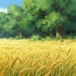 Lush fields of wheat, anime, lush trees, a fantasy digital painting by Greg Rutkowski and James Gurney, trending on Artstation, highly detailed