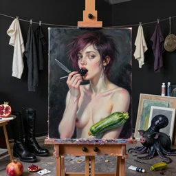 realistic painting of an easel in a messy artist's studio with black walls, emo artist eating blackberries, knife, paint tubes, clothes hanging up to dry, high black boots, pomegranate, a black pig, courgette, black octopus, sensual, surrealist, acrylic and oilstick on canvas