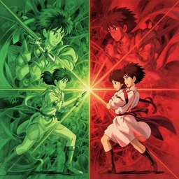 green versus red, warriors fighting, high intricate details, rule of thirds, golden ratio, cinematic light, anime style, graphic novel by fiona staples and dustin nguyen, by beaststars and orange, peter elson, alan bean, studio ghibli, makoto shinkai