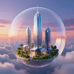 miniature crystal skyscraper inside a bubble, floating on clouds, realistic 3 d render, unreal engine, gardens, ecofuturism, solarpunk, maya, 8 k, vmax, award winning, trending on artstation, smooth, sharp focus, octane, twilight sunset background