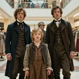 sharp, highly detailed, screen shot from a sci fi blockbuster color movie made in 2019, a family of four time travelers from 1860 travel in time to 2019, appearing in a shopping mall, looking surprised, the family are all wearing 1860s era clothes, cinematic lighting, in focus, cinematic still
