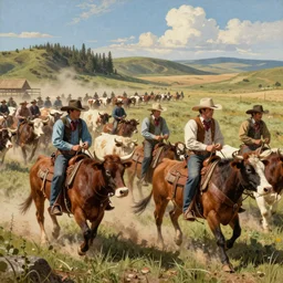 a highly detailed action matte painting of cowboys on a cattle drive, 1 8 7 5, in the style of greg rutkowski and remedios varo, ultra realistic, detailed, intricate, full of color, 4 k, hyperrealistic, focused, extreme details, masterpiece