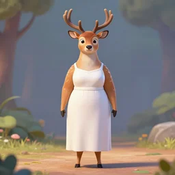 portrait, 3 d render, tall slightly fat, anthropomorphic female deer, wearing along white dress, in the style of zootopia,