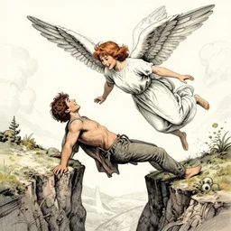 angel protecting man falling from a cliff, detailed intricate ink illustration, happy atmosphere, detailed illustration, hd, 4k, digital art, overdetailed art, by greg rutkowski, by loish, complementing colors, Trending on artstation, movie poster style