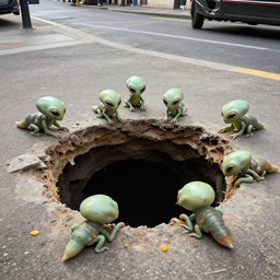 surreal iPhone HDR photo of alien crablets crawling from the big hole on the street, 8k, 4k