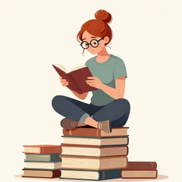 a young woman with red hair in a bun and glasses sits cross legged on top of a tall pile of books. she is reading. clean pretty cartoon painting, beautiful detailed face, flat colors with no shading.