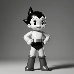 wide angle portrait of Astroboy with a charming smile, monochrome color, heroic pose, mid-shot, shadowy area, dramatic lighting, award winning, concept art, digital painting, Unreal Engine 5, 8K, art by artgerm and greg rutkowski and alphonse mucha