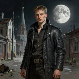A portrait of a cyberpunk gopnik on the street of a Russian slum on the moon, Norilsk, sci-fi, fantasy, intricate, very very beautiful, elegant, highly detailed, digital painting, artstation, concept art, smooth, sharp focus, illustration, art by artgerm and greg rutkowski and alphonse mucha