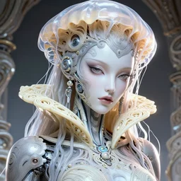 closeup portrait of an absurdly beautiful, graceful, sophisticated, fashionable cyberpunk mechanoid gravure idol, an ultrafine hyperdetailed illustration by irakli nadar, matt wisniewski style, fashion photography, intricate linework, porcelain skin, jellyfish headdress, fractal ivory carved ruff, unreal engine 5 highly rendered, global illumination, radiant light, detailed and intricate environment