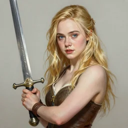 An epic fantasy comic book style portrait painting of Elle Fanning sharpening a sword over a campfire, unreal 5, DAZ, hyperrealistic, octane render, cosplay, RPG portrait, dynamic lighting