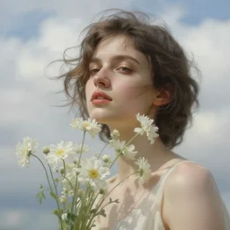 close - up fashion french woman portrait airy flowers sacura cloudy sky art by vasnetsov