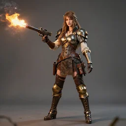 full length photo of a beautiful steampunk warrior with a flamethrower, 8 k, hdr, smooth, sharp focus, high resolution, award - winning photo